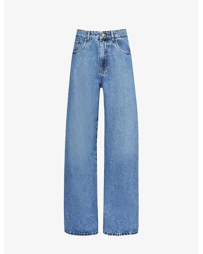 Miu Miu Brand-embroidered Contrast-stitched Regular-fit Wide-leg Mid-rise Jeans - Blue