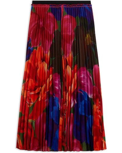 Ted Baker Evola Floral-print Pleated Recycled-polyester Midi Skirt - Red