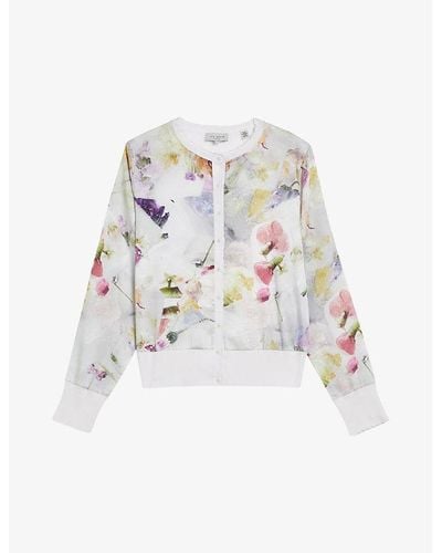 Ted Baker Haylou Floral-print High-neck Knitted Cardigan - White