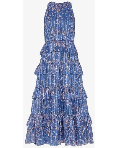 Whistles Paloma Tropical-print Tiered Recycled-polyester Midi Dress - Blue