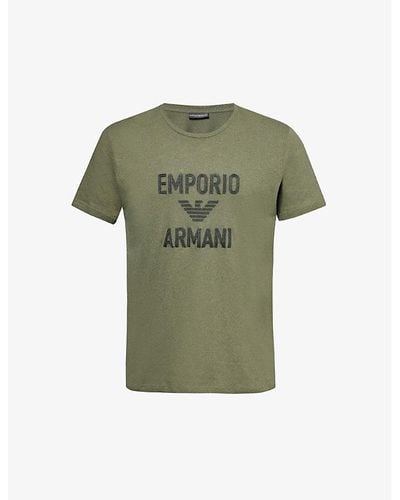 Emporio Armani Logo Text-embroidered Relaxed-fit Cotton And Linen-blend T-shirt X - Green