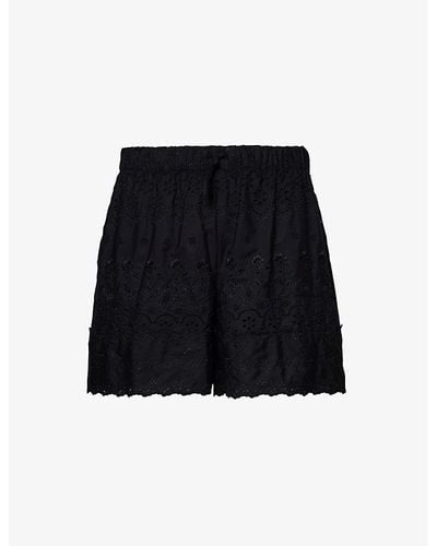 Simone Rocha Floral-embroidered Drawstring-waist Cotton Shorts - Black