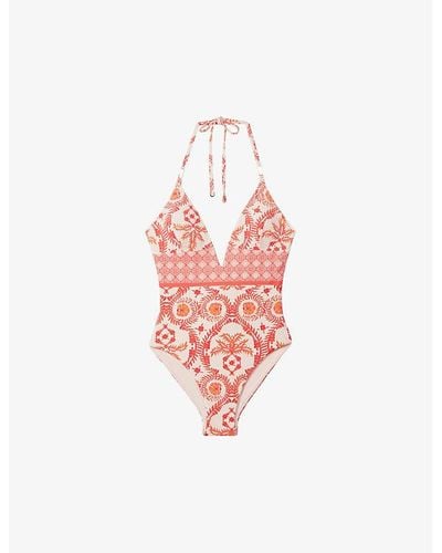 Reiss Leonora Fern-print Plunge-neck Stretch-woven Swimsuit - Red