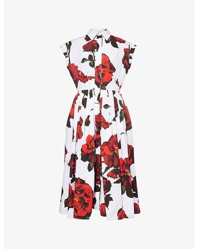 Alexander McQueen Floral-pattern Cotton-poplin Midi Dress - Red
