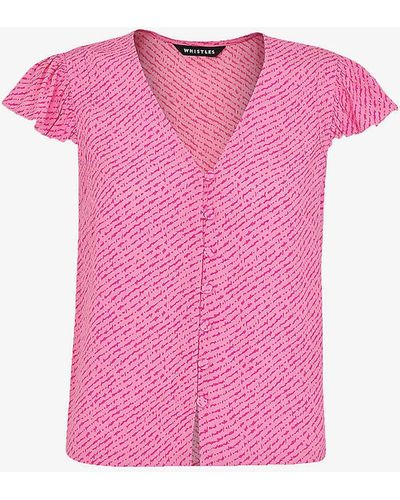 Whistles Graphic-print Ruffled-sleeve Woven Top - Pink