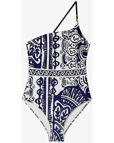Reiss Vy/white Oliva One-shoulder Graphic-print Swimsuit - Blue