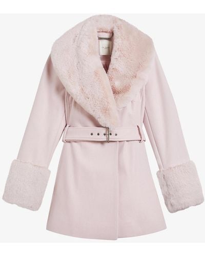 Ted Baker Loleta Faux Fur-collar Wool-blend Coat - Pink