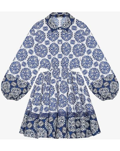 Maje Rayatik Graphic-print Cut-out Cotton Mini Shirt Dress - Blue