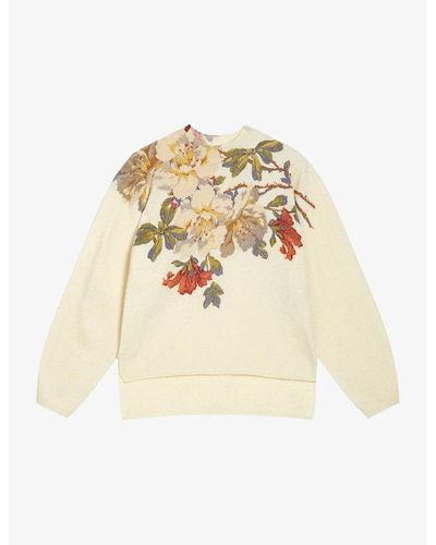 Ted Baker Evhaa Floral-print Long-sleeve Knitted Sweater X - Natural