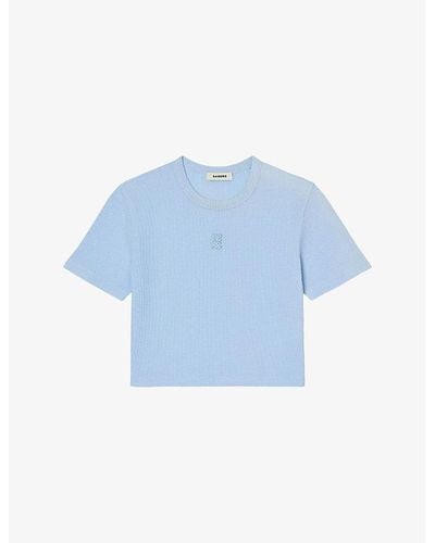 Sandro Logo-embroidered Waffle-textured Cropped Cotton T-shirt - Blue