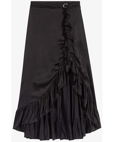 Maje Ruffled Asymmetric Satin Maxi Skirt - Black