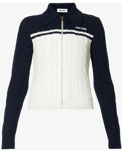 Miu Miu Logo-embroidered Collared Wool-blend Knitted Sweater - Blue