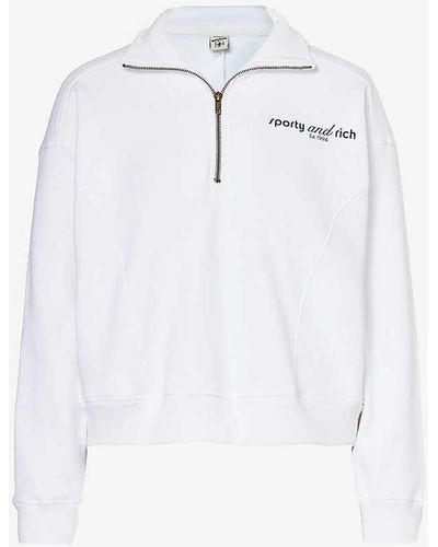 Sporty & Rich Logo-print Quarter-zip Cotton-jersey Sweatshirt - White