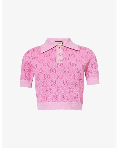 Gucci Monogram-pattern Cropped Wool-knit Polo - Pink