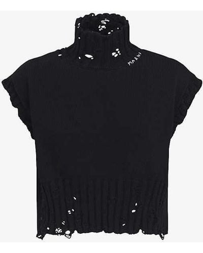 Marni Distressed Cropped Cotton-knit Vest - Black