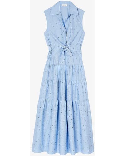 Sandro Rhinestone-embellishment Cotton Midi Dress - Blue