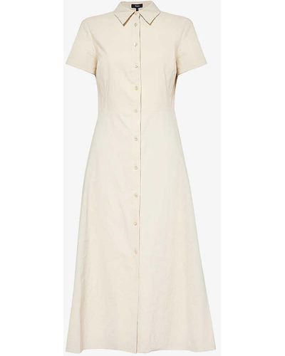 Theory Flared-hem Short-sleeved Linen-blend Midi Dress - White