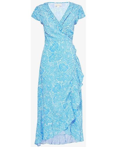 Aspiga Demi Ruffle-trim Floral-print Woven Midi Wrap Dress - Blue