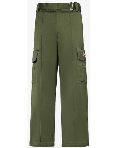 KENZO Brand-patch Detachable-belt Straight-leg Cotton Cargo Trousers - Green