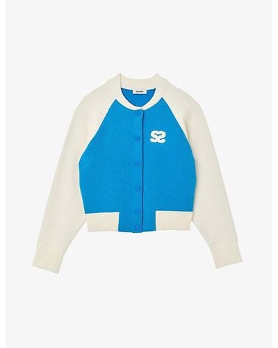 Sandro Bolzano Logo-patch Colour-blocked Knitted Varsity Cardigan - Blue