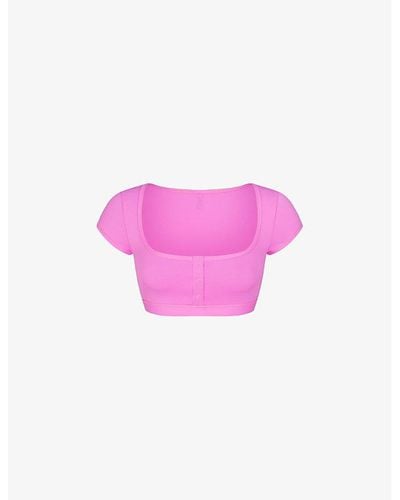 Skims Signature Swim Round-neck Cropped Stretch Recycled-nylon Bikini Top - Pink
