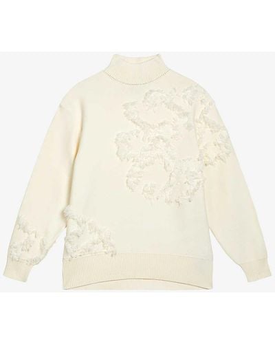 Ted Baker Chalayy Fringed-jacquard High-neck Knitted Jumper X - White