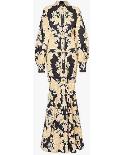 Etro Gown Floral-print Stretch-cotton Maxi Dress - Metallic