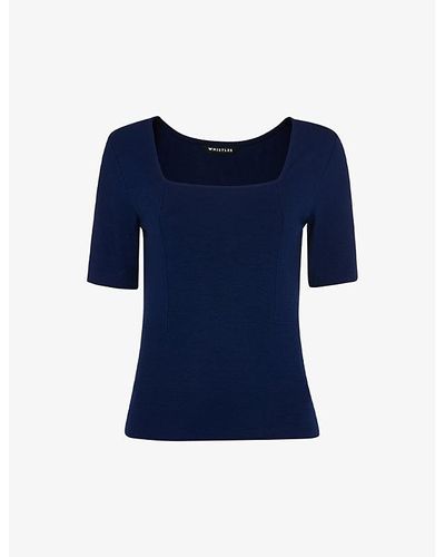 Whistles Square-neck Stretch-woven T-shirt - Blue