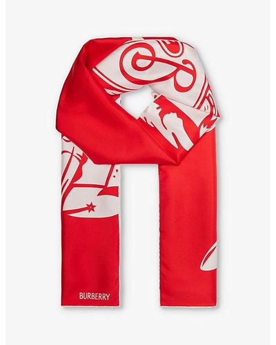 Burberry Equestrian Knight Design Graphic-print Large Silk Scarf - Red