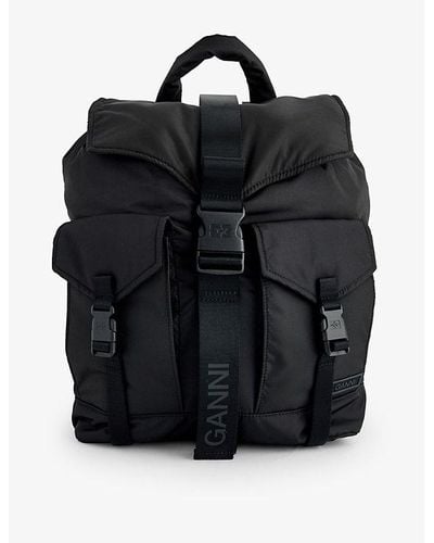 Ganni Bucked Flap-pocket Recycled-polyester Backpack - Black