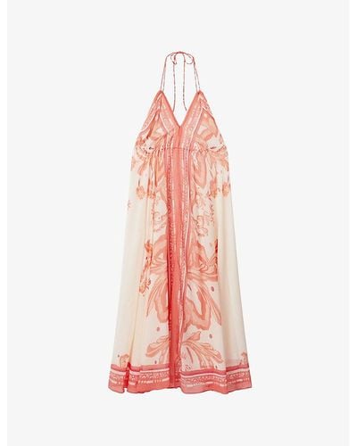 Reiss Delilah Graphic-print Halter-neck Woven Midi Dress - Pink