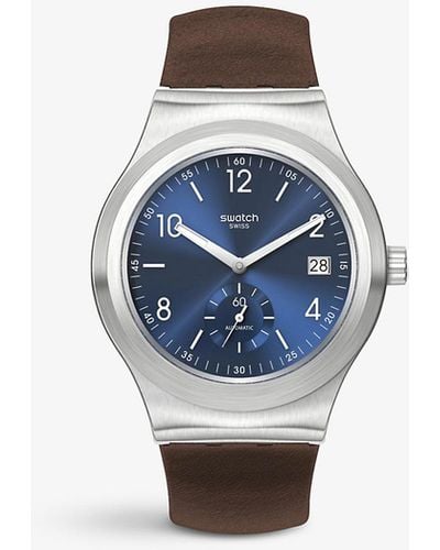 Swatch Sy23s410 Magnificent Irony Stainless-steel And Leather Automatic Watch - Blue
