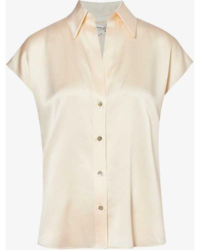 Vince Cap-sleeve Rushed Silk Blouse - Natural