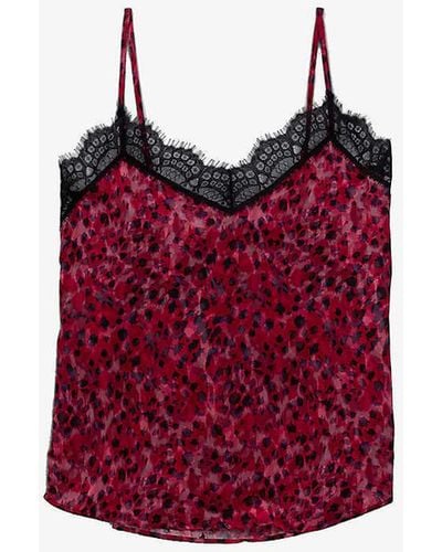 IKKS Leopard-print Lace-trimmed Woven Cami Top - Red