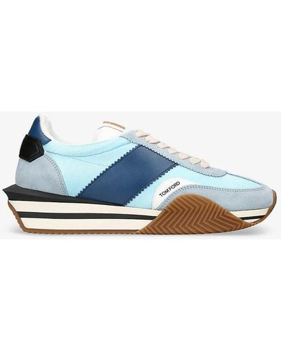 Tom Ford James Logo-print Leather And Suede Low-top Trainers - Blue