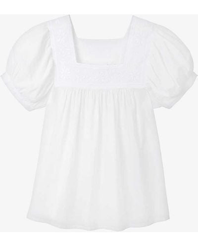 The White Company The Company Flower-embroidered Square-neck Organic-cotton Top - White