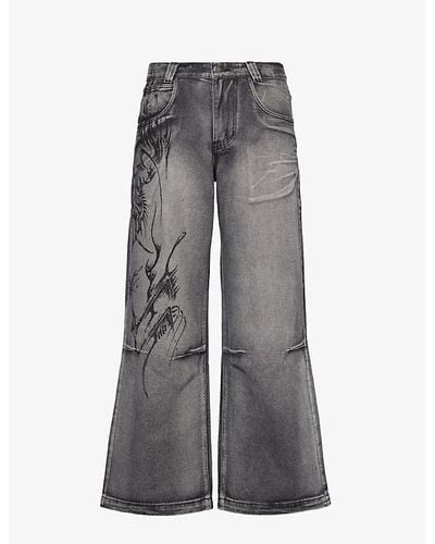 Jaded London Colossus Abstract-print Wide-leg Denim-blend Jeans - Gray