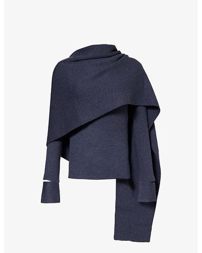 Helmut Lang Vy Wrap-scarf Split-cuff Stretch-wool Blend Sweater - Blue