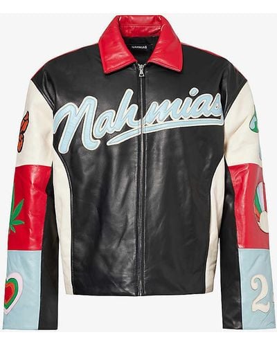NAHMIAS Moto Brand-typography Regular-fit Leather Jacket - Red