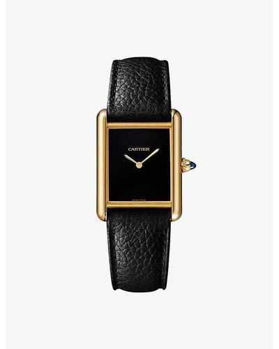 Cartier Ed Crwgta0160 Tank Louis 18ct Yellow-gold, Sapphire And Leather Quartz Watch - Black