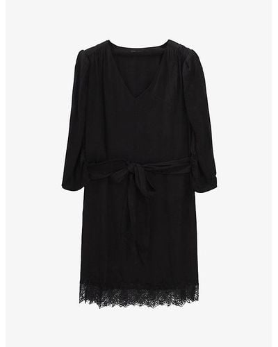 IKKS Lace-trim Puffed-sleeve Woven Mini Dress - Black