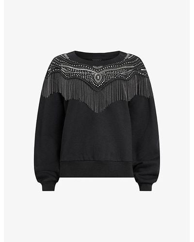 AllSaints Winona Jaine Chain-embellished Relaxed-fit Organic-cotton Sweatshirt - Black