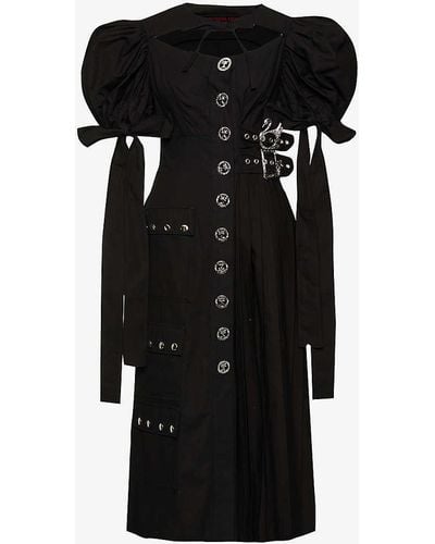 Chopova Lowena Islander Puff-sleeve Organic-cotton Midi Dress - Black