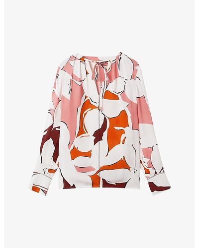 Reiss Tess Abstract-print Stretch-woven Blouse - Red