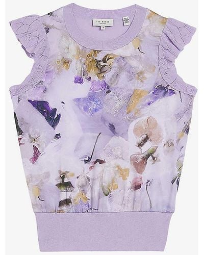 Ted Baker Frilled-shoulder Floral-print Woven Top - Purple