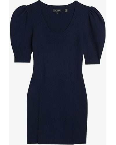 Ted Baker Dollra Puff-sleeved Ribbed Knitted Mini Dress - Blue