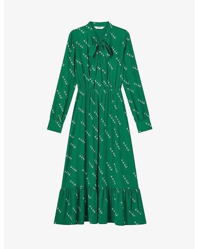 LK Bennett Bridget Graphic-print Elasticated-waist Woven Midi Dress - Green