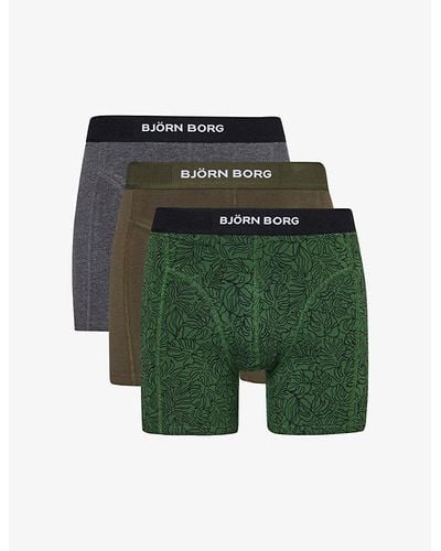 Björn Borg Branded-waistband Mid-rise Pack Of Three Stretch-cotton Boxers - Green
