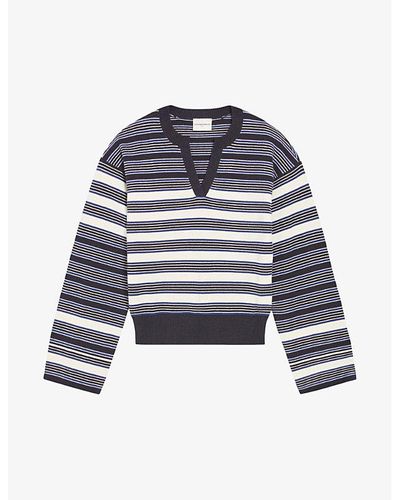 Claudie Pierlot Striped Cotton And Cashmere-blend Sweater - Blue