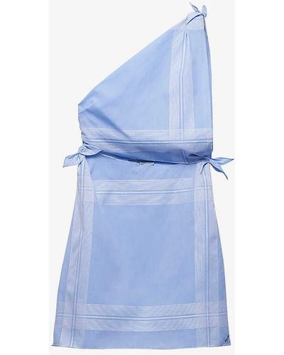 Prada One-shoulder Checked Cotton Mini Dress - Blue
